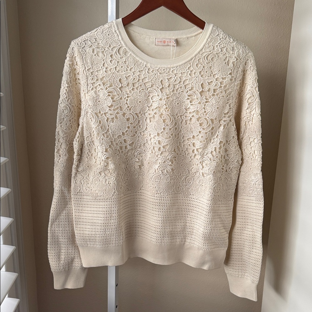 Tory Burch Cream Lace-Front Crewneck Sweater